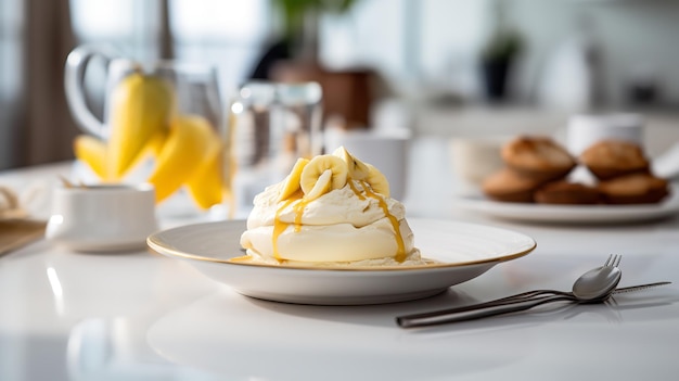 In een hedendaagse keuken wordt bananen sorbet geserveerd op een witte tafel.