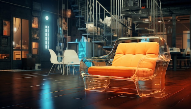 In een hedendaagse woonkamer is er een zwevende doorzichtige stoel die het kleurcontrast benadrukt