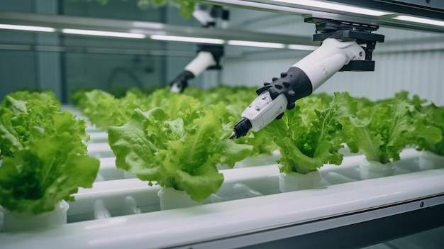 In een hydrocultuurkas die gebruikmaakt van Smart Farming-technologie en generatieve AI, oogst een robotarm sla