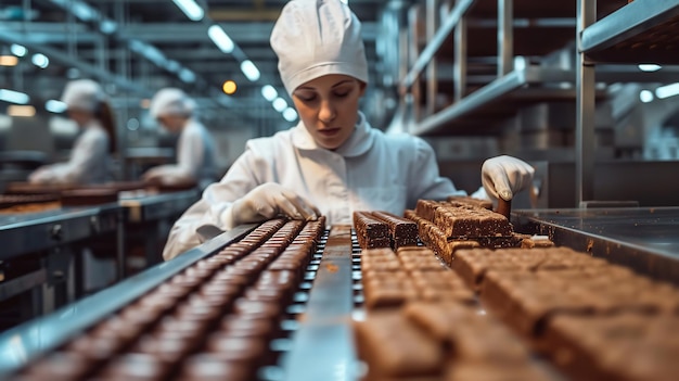In een industriële faciliteit voor het maken van chocolade verzamelen en verpakken werknemers chocolade Generatieve AI