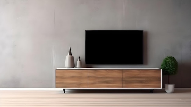 In een kamer staat een tv op een standaard met vazen aan de muur.