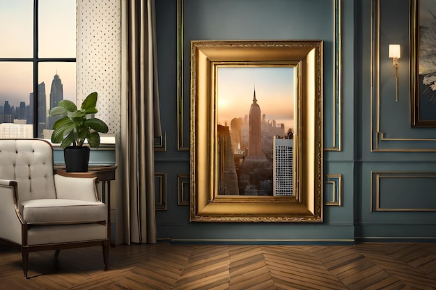 In een kamer wordt een schilderij van de skyline van een stad getoond met een afbeelding van de skyline van de stad.