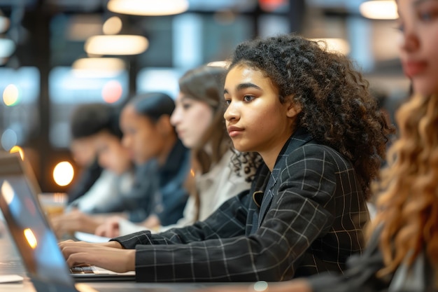 In een kantoor met een diverse groep jonge professionals, waaronder zakenvrouwen en zakenlieden.