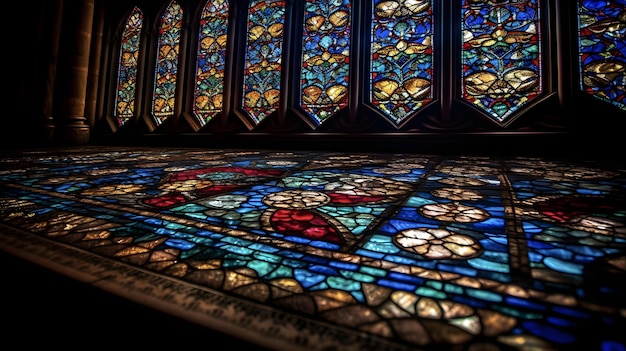 In een kerk wordt een glas-in-loodraam getoond.