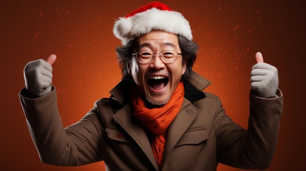 Foto in een kerstmanhoed is een knappe man in de studio tegen een kleurige achtergrond.