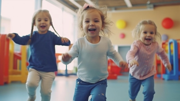 In een kleuterschool indoor kleuterschool hebben een stel geamuseerde kinderen plezier Generative AI