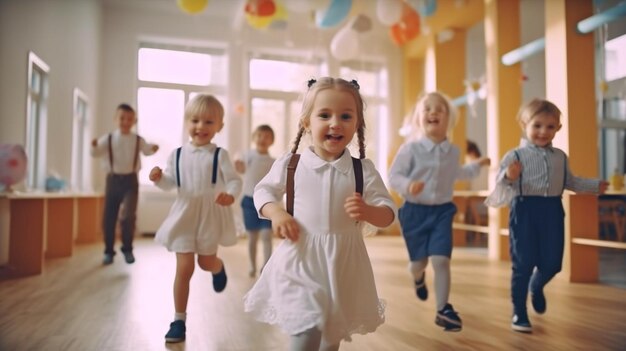 Foto in een kleuterschool indoor kleuterschool hebben een stel geamuseerde kinderen plezier generative ai