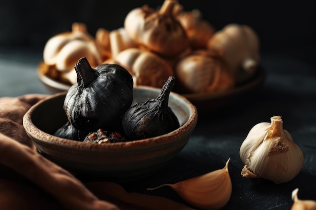 In een kom wordt zwarte knoflook naast traditionele knoflookkoppen geplaatst. Donkere omgevingen benadrukken hun texturen en creëren een elegant premium uiterlijk.