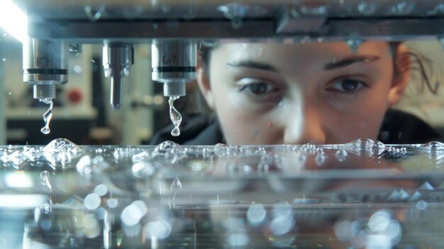 In een laboratorium schiet een gespecialiseerde printer op de achtergrond kleine druppels van een heldere oplossing uit