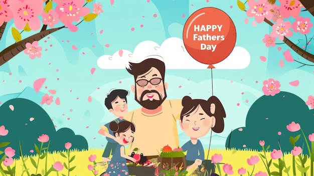 In een levendige lente omgeving geniet een vader van een picknick met zijn kinderen compleet met cupcakes en een vreugdevolle sfeer voor Vadersdag