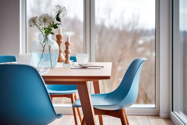 In een moderne eetkamer met Scandinavisch interieurontwerp omringen blauwe stoelen een houten eettafel