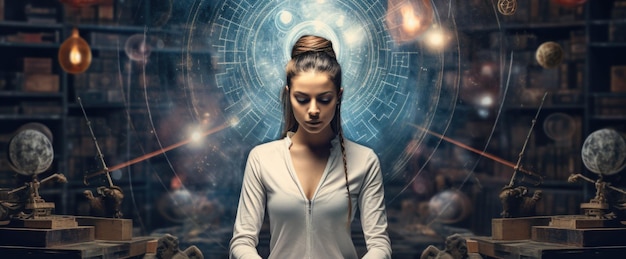 In een mystieke bibliotheek staat een vrouw met haar ogen gesloten omringd door complexe holografische projecties die suggereren geavanceerd leren of meditatie