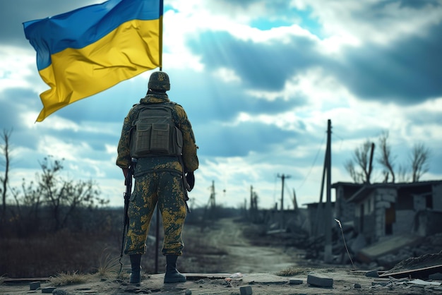 In een nederzetting die is bevrijd van de Russische invasie staat een Oekraïense soldaat naast de vlag van