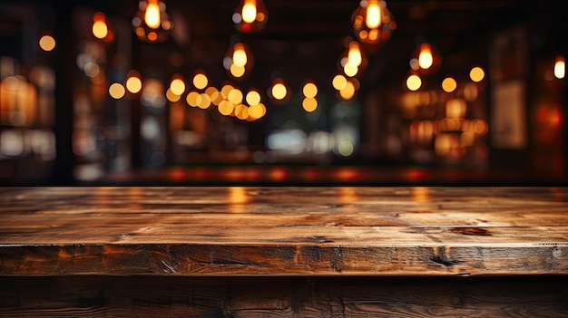 In een restaurant een hardhouten tafel met etenslampen die een bokeh-effect creëren een banner mock-up voor