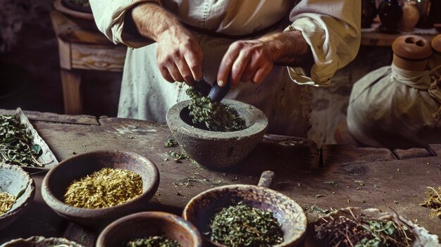 Foto in een rustieke keuken een man zorgvuldig malt verschillende gedroogde kruiden met een mortel en stempel het creëren van een