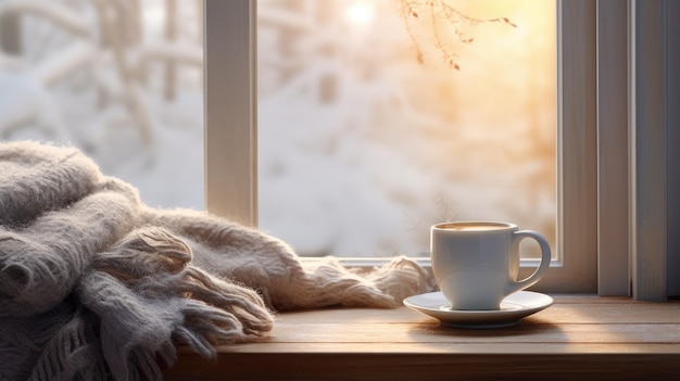 In een schilderachtig winter still life een kopje stoomende hete koffie is genesteld naast een zachte uitnodigende plaid op de vintage vensterbank van een pittoresk huisje