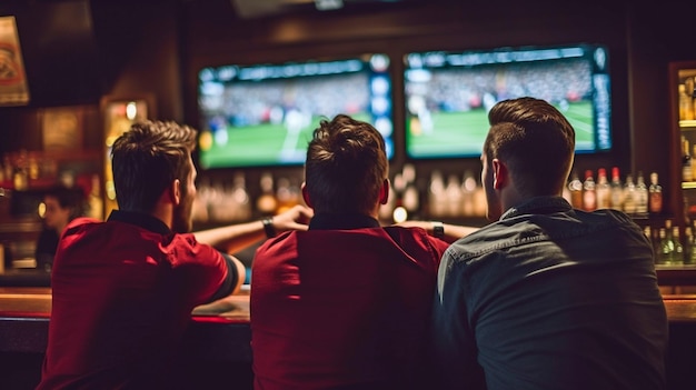 Foto in een sportbar kijken drie mannen naar voetbal op televisie.