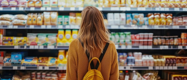 In een supermarkt kiest een klant boodschappen uit de planken