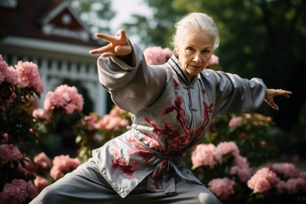 In een tuin vol voorjaarsbloemen en bomen beoefent een grijsharige vrouw Aziatische vechtkunsten in haar kimono