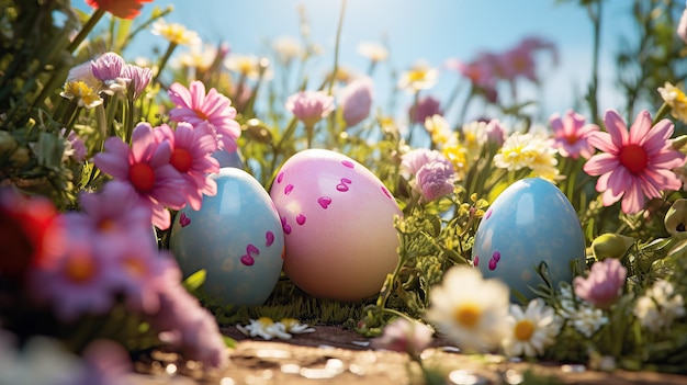 In een tuinscène zijn levendige paaseieren slim verborgen te midden van bloeiende voorjaarsbloemen