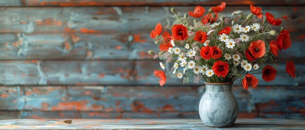 In een vaas bevindt zich een boeket madeliefjes en papaver op een rommelige houten achtergrond in Provence-stijl