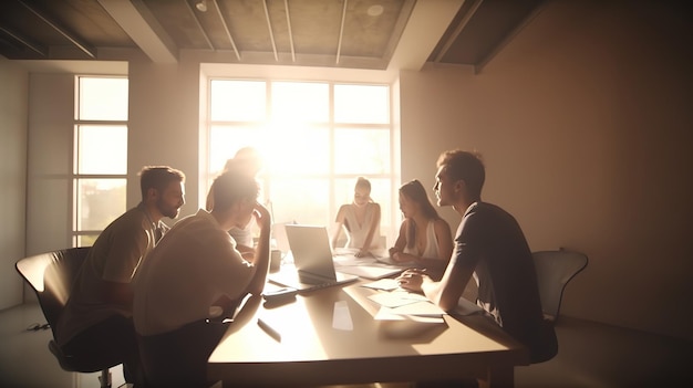 In een vergaderruimte zit een groep mensen rond een tafel, een van hen kijkt naar een laptop.