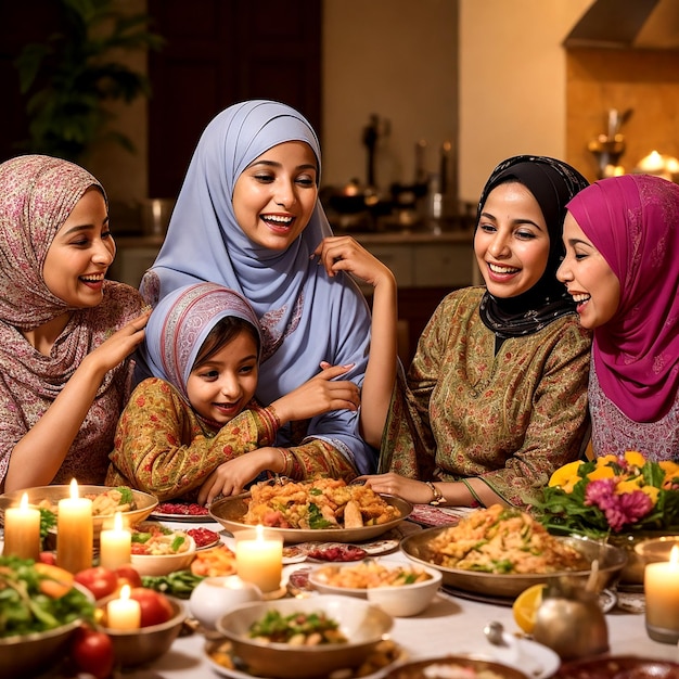 In een warm en gastvrij huis komt een moslimfamilie samenAI_Generated