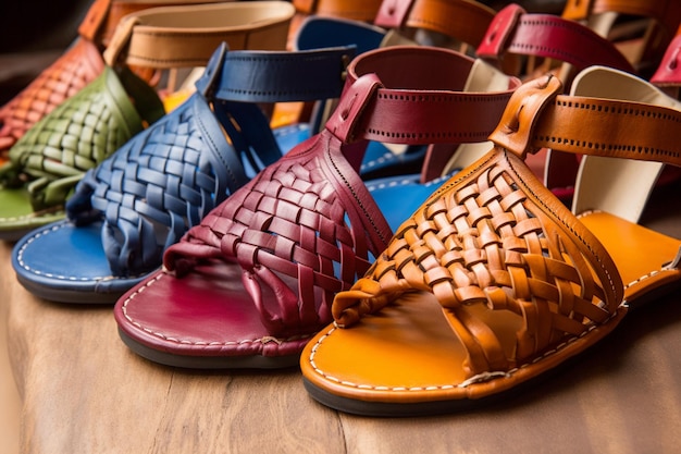 In een winkel is een verscheidenheid aan kleurrijke sandalen te zien.