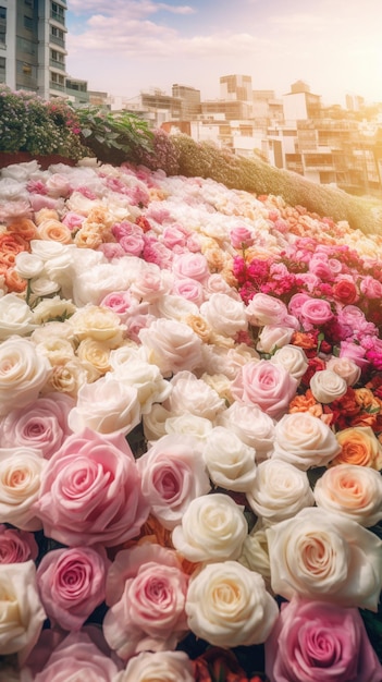 In een winkel wordt een groot boeket rozen uitgestald.