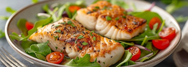 In een witte schaal gegrilde visfilets met verse tuinsalade erop