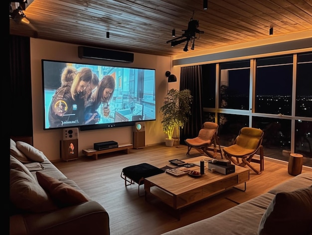 In een woonkamer met een bank en stoelen hangt een grote led-tv aan de muur.