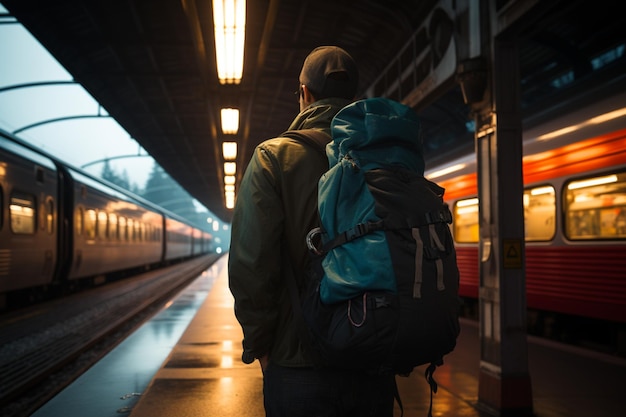 In eenzaamheid navigeert een backpacker door de drukke gangen van het treinstation