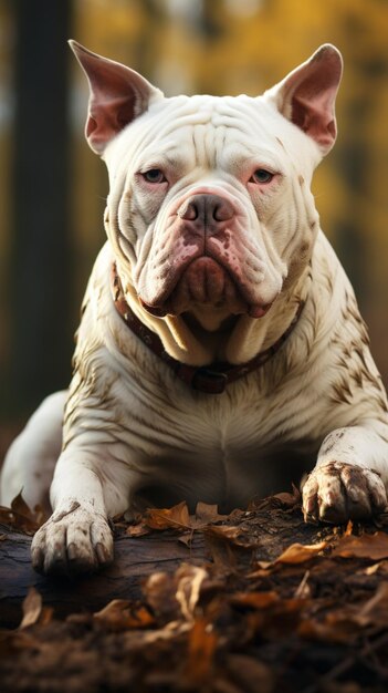 Foto in eenzaamheid toont een majestueuze witte amerikaanse bully-hond zijn unieke charme vertical mobile wallpape