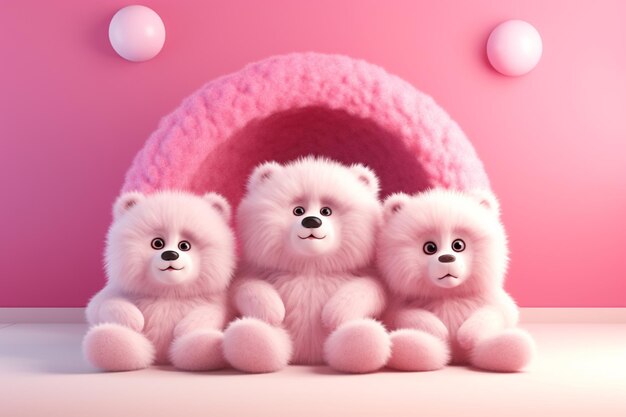 Фото Перед розовым кругом сидят три плюшевых животного.