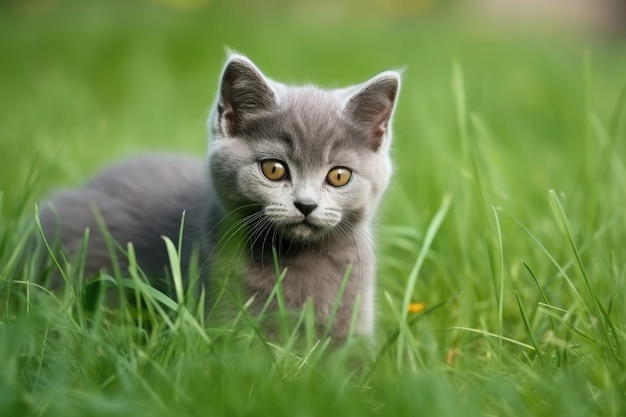 In groen gras ligt een lieflijk klein grijs katten Brits katje