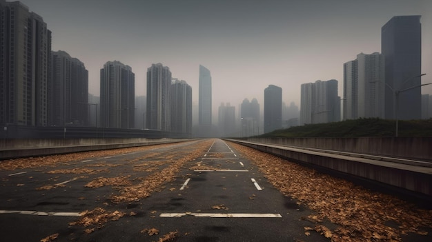 In Hangzhou China contrasteert een eenzame asfaltweg met de stedelijke skyline van hedendaagse bouwwerken
