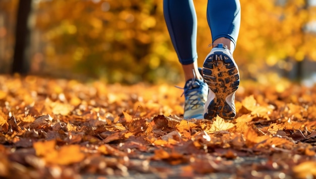 In herfstbladeren worden de schoenen van een hardloper getoond