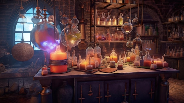 In het alchemistische laboratorium rust een groot aantal borrelende elixers, met de grootste zorg bereid, op de laboratoriumbanken. Gegenereerd door AI