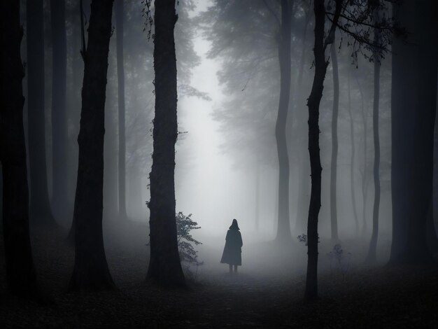 In het angstaanjagende bos een spookachtig silhouet zucht in eenzaamheid ai gegenereerd