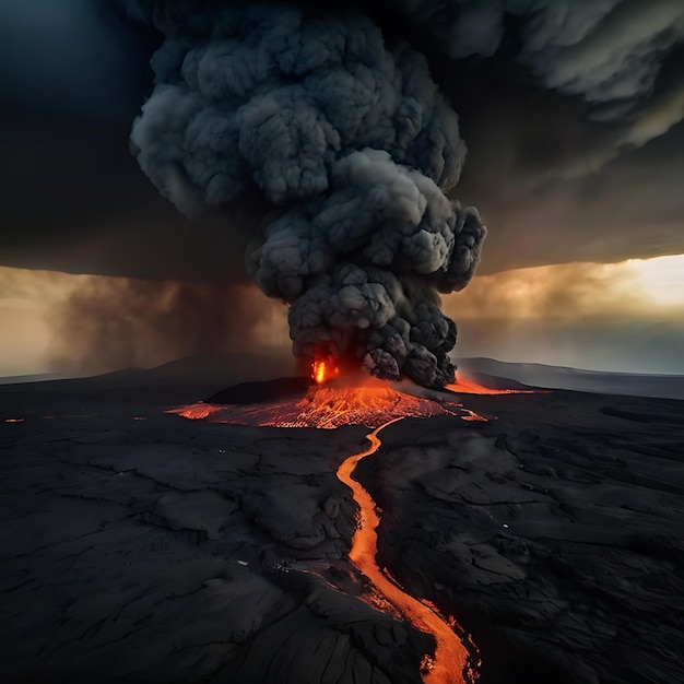 In het beeld van een enorme vulkanische uitbarsting golvende wolken gevormd door AI