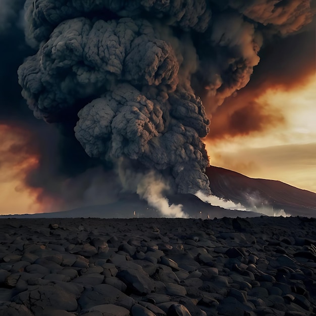 In het beeld van een enorme vulkanische uitbarsting golvende wolken gevormd door AI