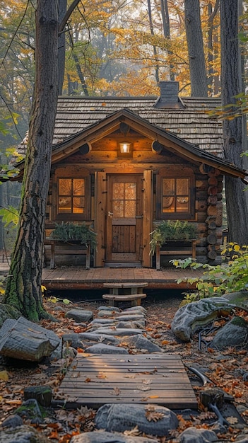 Foto in het bos een houten hut