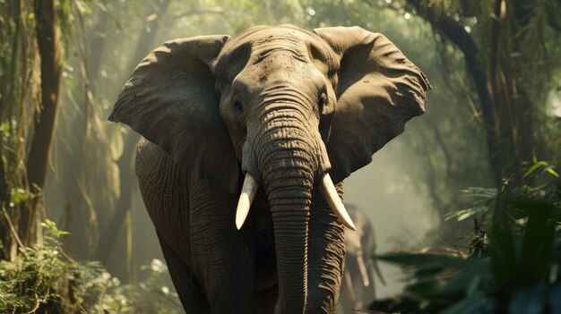 In het bos staat een olifant tussen de overvloedige bomen.