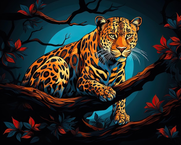 In het donker klimt een luipaard op een tak van een boom Illustratie Generatieve AI
