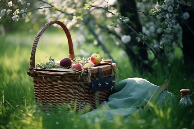 In het gras staat een mand met appels