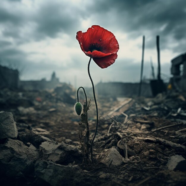 Foto in het hart van de strijd bloeit een papaver in het veld van vlaanderen