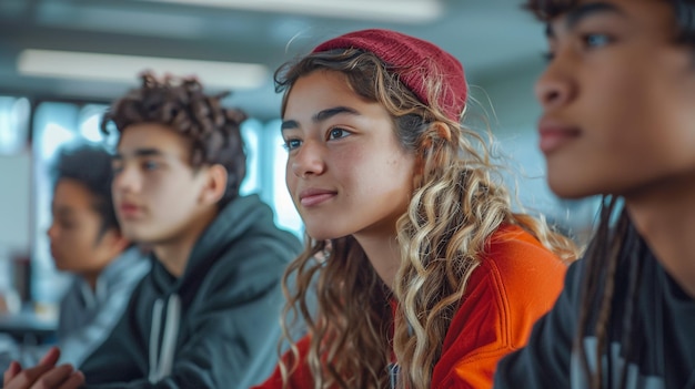 Foto in het klaslokaal luisteren multi-etnische studenten naar een docent en schrijven in notitieboeken slimme jongeren studeren op de universiteit