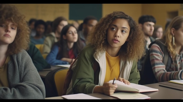 In het klaslokaal luisteren multi-etnische studenten naar een docent en schrijven in notitieboeken