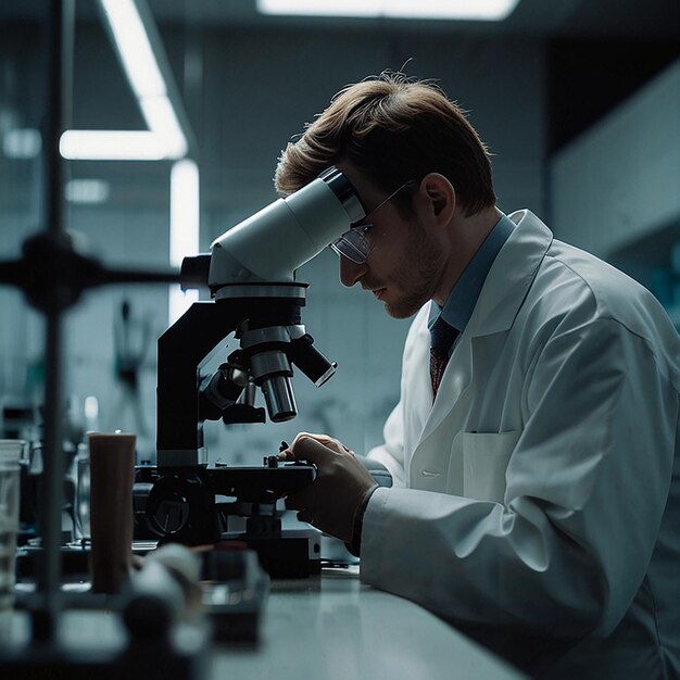 in het lab met een microscoop aan het werken