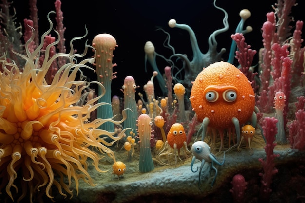 In het microscopische rijk danst een levendige microbe een ingewikkelde surrealistische vorm. Een symfonie van kleuren en vormen. Het belichaamt de ongeziene schoonheid van de microbiële wereld. Een klein wonder dat bloeit in ongeziene hoeken van het leven.